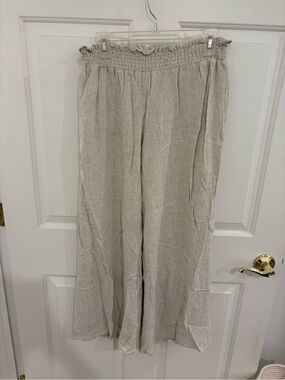 Light Beige Smocked Waist Wide-Leg Pants